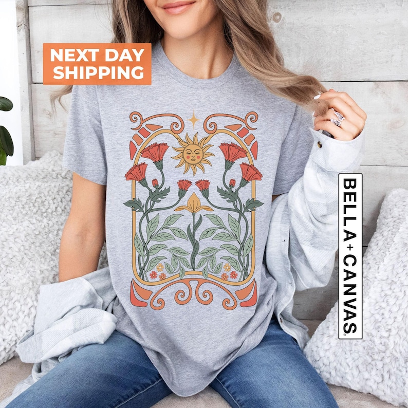 Celestial Sun and Wildflower Shirt: Art Nouveau Botanical Graphic Tee image 5