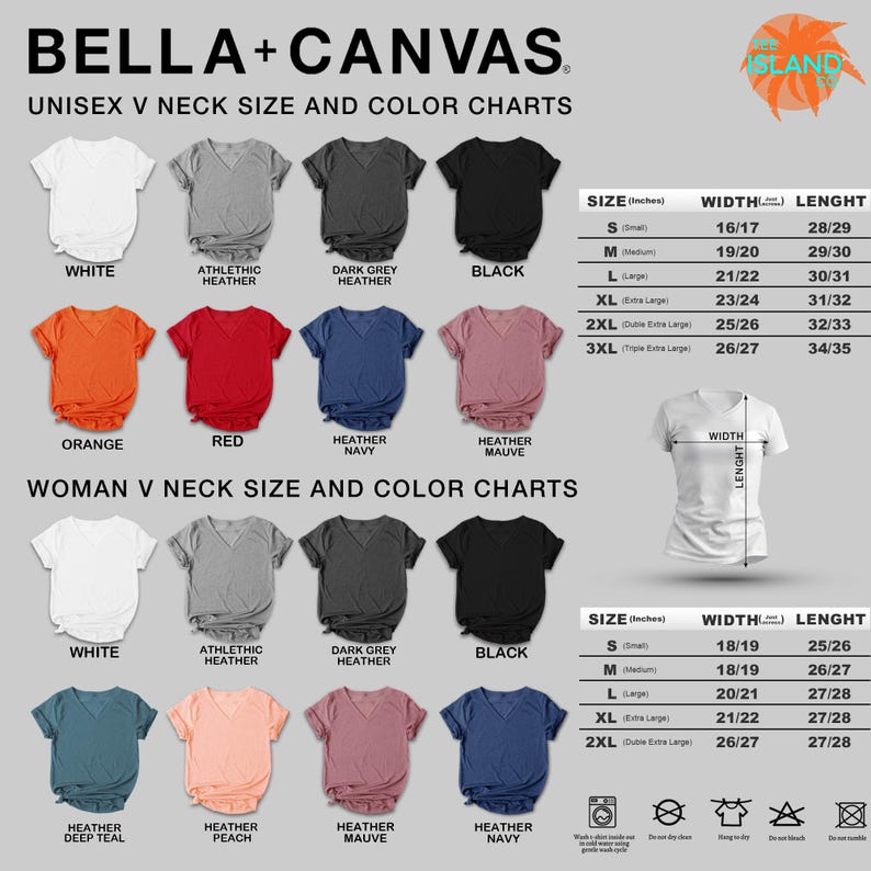 a collection of t-shirt designs in various colors and sizes, including white, black, orange, red, and navy. The charts provide information about the neck size and color options for each design.