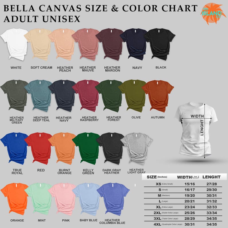 The image is a color chart for adult unisex t-shirts, displaying a variety of colors and sizes.