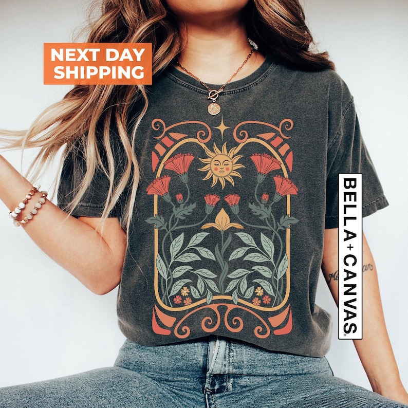 Celestial Sun and Wildflower Shirt: Art Nouveau Botanical Graphic Tee image 1