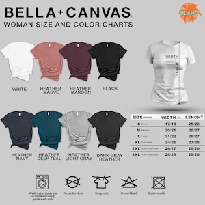 a collection of t-shirt designs in various colors and sizes, along with size and color charts.