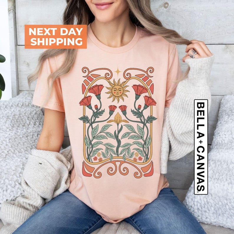 Celestial Sun and Wildflower Shirt: Art Nouveau Botanical Graphic Tee image 4