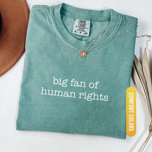 May include: A light green Comfort Colors t-shirt with the text "big fan of human rights" in white. A gold necklace with a pendant rests on the shirt. The shirt is folded and displayed on a white surface.