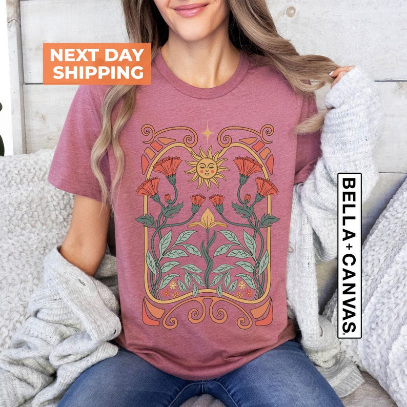 Celestial Sun and Wildflower Shirt: Art Nouveau Botanical Graphic Tee image 3