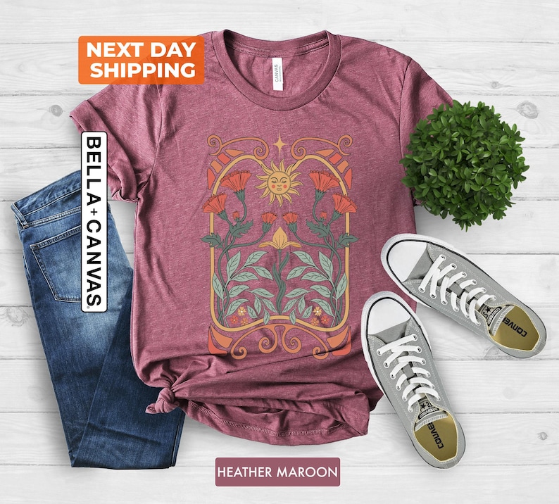 Celestial Sun and Wildflower Shirt: Art Nouveau Botanical Graphic Tee image 6