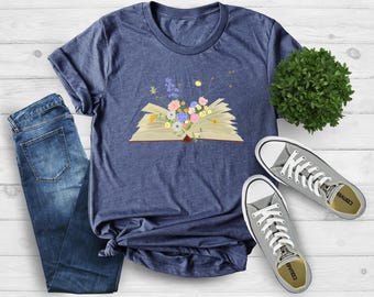 Book and Wildflowers Shirt, Book Shirt, Book Lover Shirt, Bookworm Shirt, Librarian Shirts, Reading Shirt, Plant Lover Gift, Book Tshirt