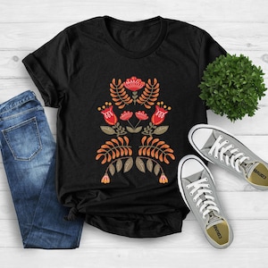 Scandinavian Shirt, Folk Art T-Shirt, Botanical Shirt, Scandinavian Gift, Gift For Women Vintage Flower Shirt, Christmas Gift For Women