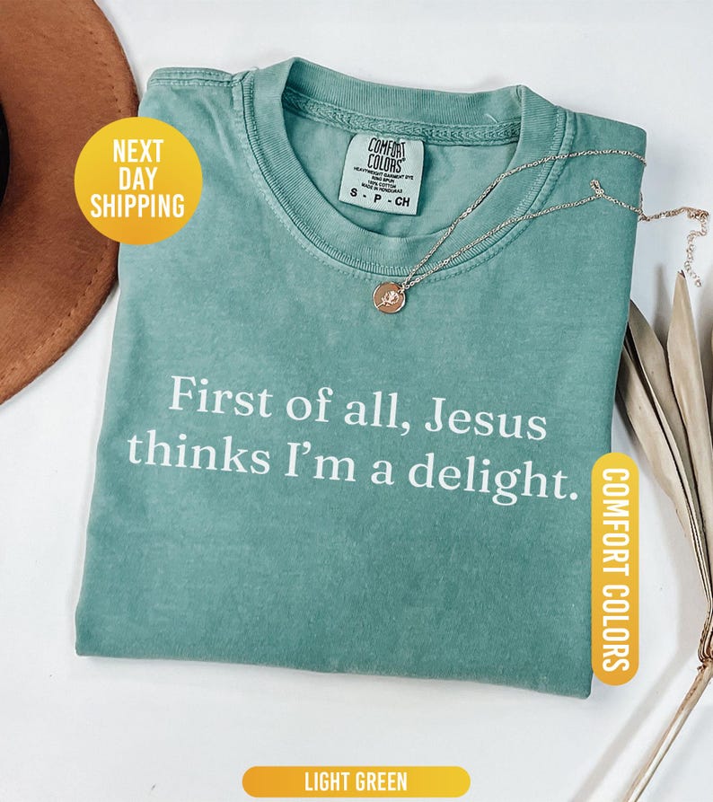 Funny Christian shirt featuring the sarcastic phrase 'Jesus Thinks I'm A Delight' in a trendy minimalist font on a premium Comfort Colors garment-dyed t-shirt.
