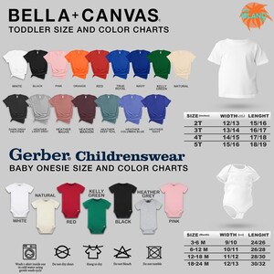 The image is a collage of various toddler size and color charts for children's clothing, including t-shirts, onesies, and other garments. The charts provide size and color information for different types of clothing, such as white, black, pink, and more.