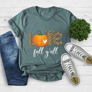 Love Fall Y&#39;All Shirt, Leopard Print Fall Shirt, Thanksgiving, Hello Pumpkin, Fall Vibes, Family Thanksgiving Shirt, Peace Love Thanksgiving