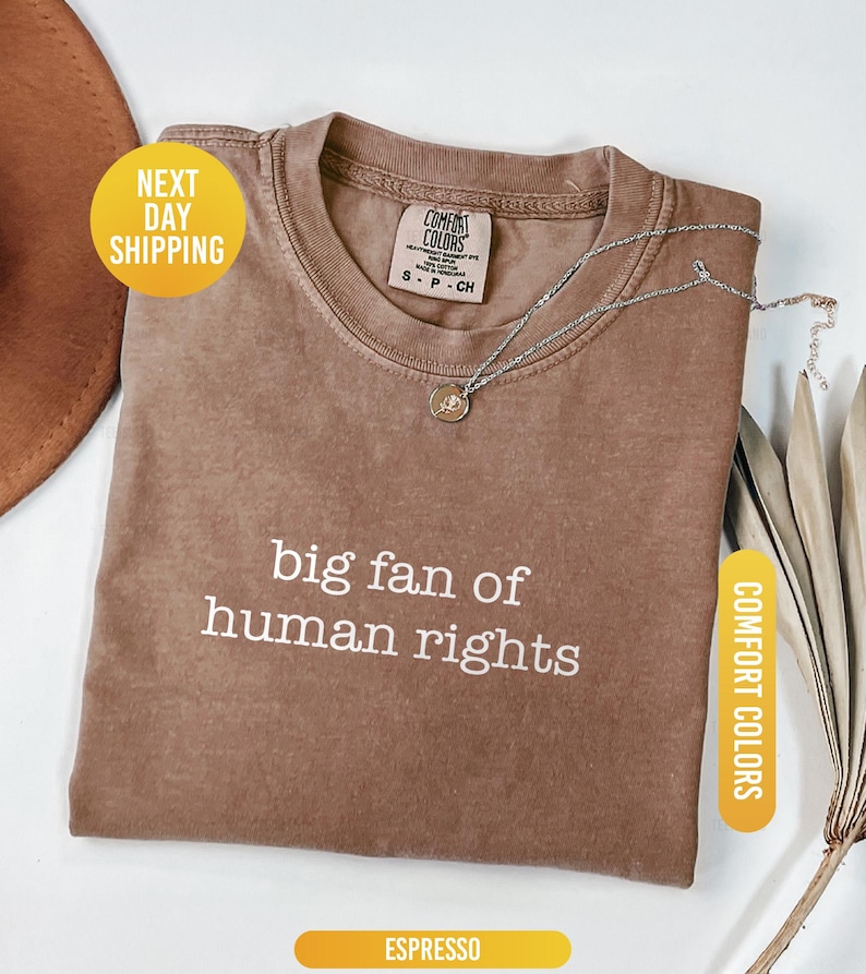 May include: Espresso-colored t-shirt with the text "big fan of human rights" in white. A silver necklace with a pendant rests on the shirt. The shirt is folded and has a tag that says "Comfort Colors".