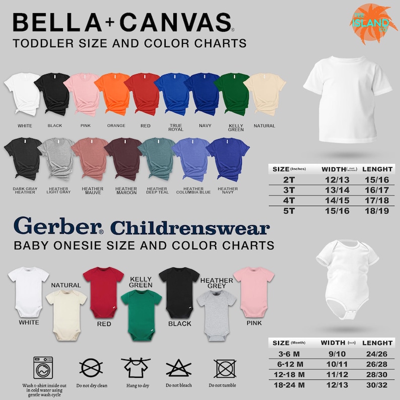 The image is a collage of various toddler size and color charts for children's clothing, including t-shirts, onesies, and other garments. The charts provide size and color information for different types of clothing, such as white, black, pink, and more.