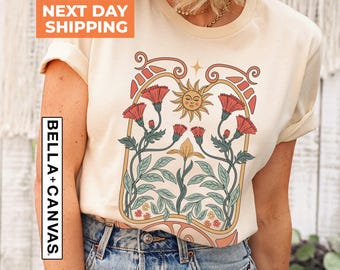 Art Nouveau Sun Botanical Tee: Celestial Floral Graphic Shirt