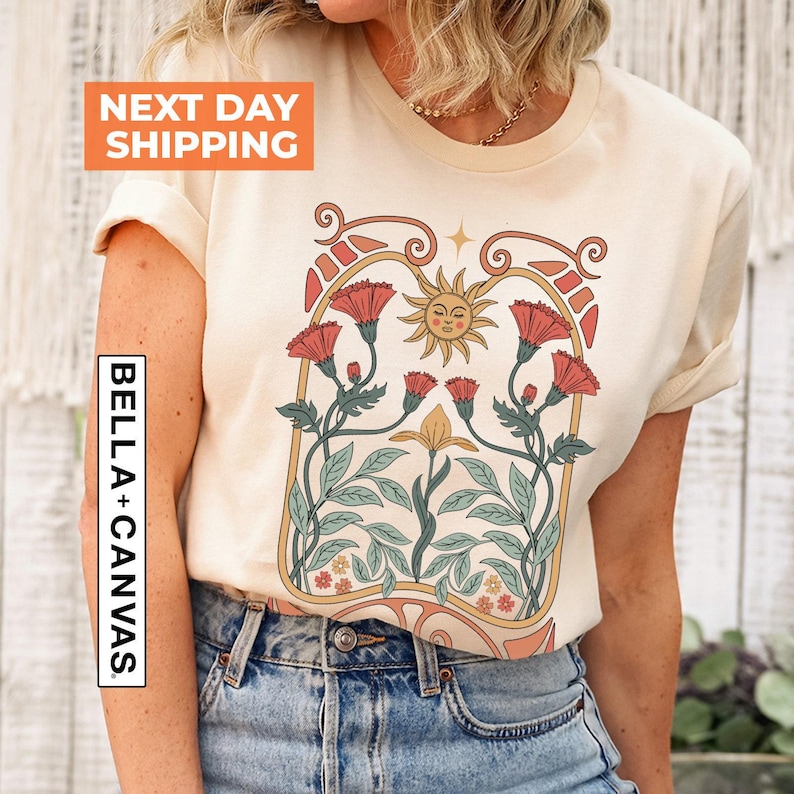 Celestial Sun and Wildflower Shirt: Art Nouveau Botanical Graphic Tee image 2