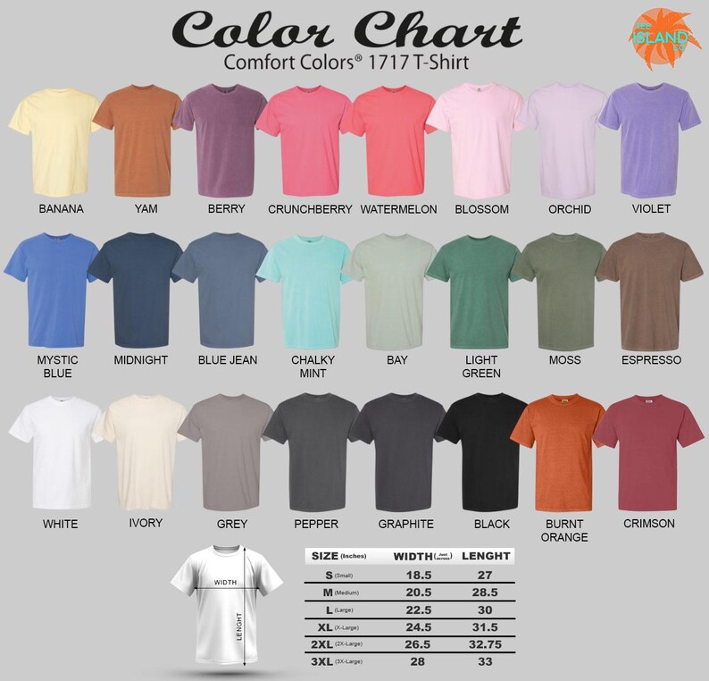 The image is a color chart displaying various comfort colors for a 1717-T-shirt, including bananas, yams, berries, watermelon, orchids, violets, mystical blue, mint, chalky mint, bay, green, moss, espresso, burnt orange, and Crimson. The chart also provides size information for each color.