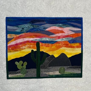 Sunset Landscape Wall art. Stunning wall hanging. Sun setting in desert. Quilt art. Cactus mountains Blue yellow orange green