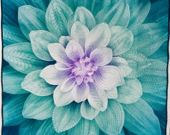 Big Flower! Excellent wall art. Quilt wall hanging of large dahlia flower, quilted  Dream Big in Beautiful teal green.  Lilac center