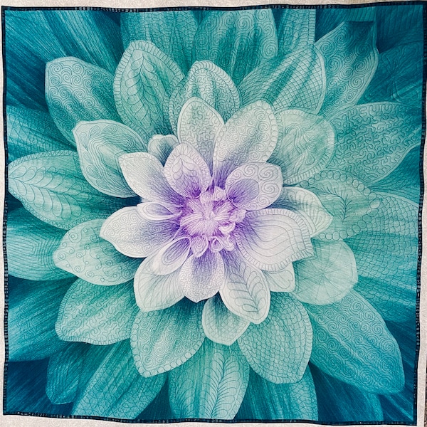 Big Flower! Excellent wall art. Quilt wall hanging of large dahlia flower, quilted  Dream Big in Beautiful teal green.  Lilac center