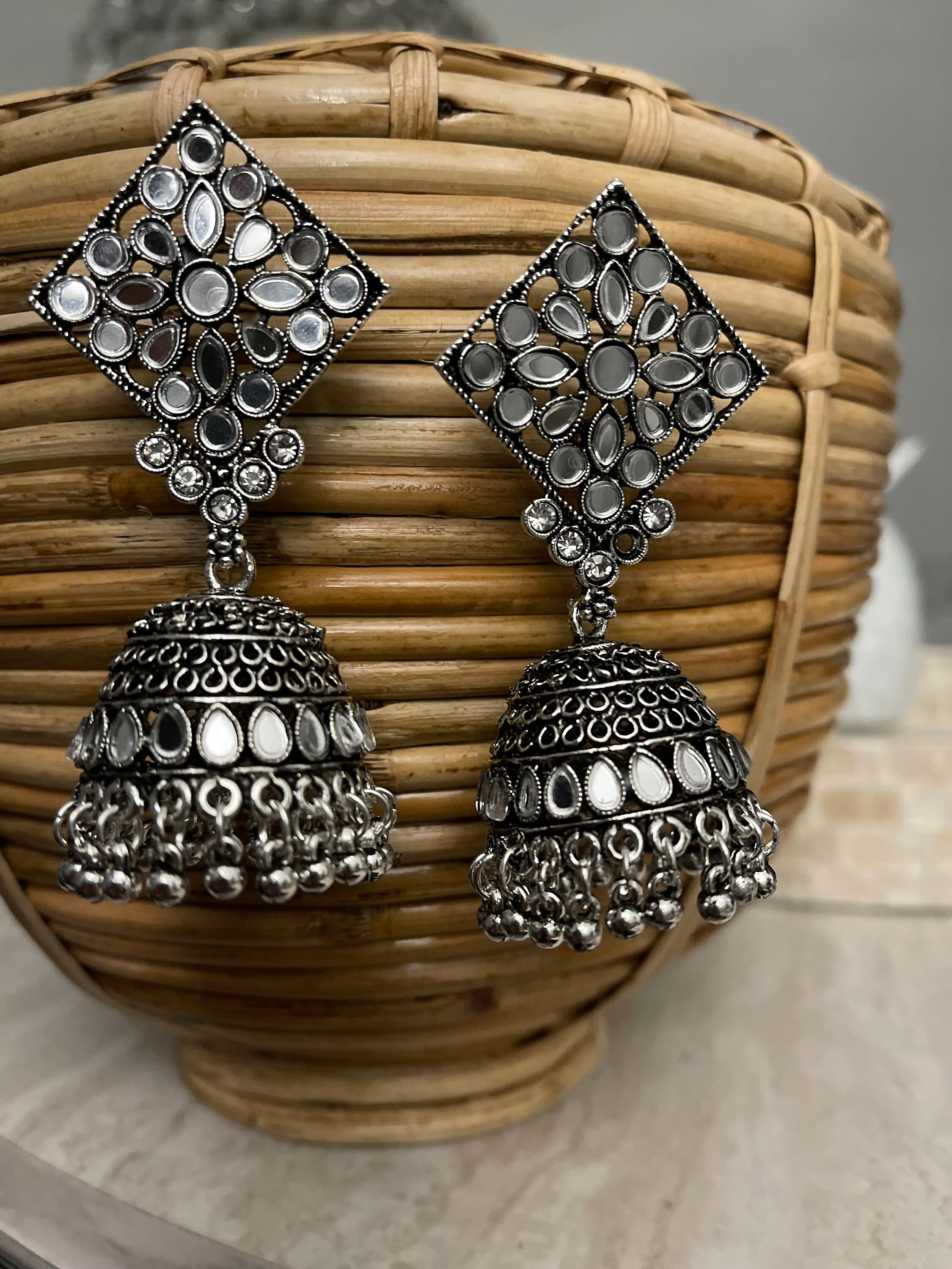 Designer Indian / Pakistani Gold Oxidized Triple Jhumka Earrings Mirror  Lightweight Chandelier Jhumka Jewellery Collection for Eid Wedding - Etsy