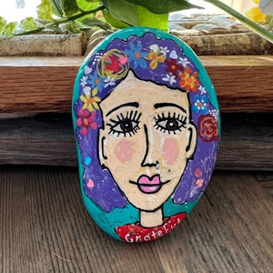 Portrait of &#39;Mia&#39; with Glitter Freckles - &#39;Future Is Female,&#39; 3.25-Inch Hand-Painted Rock