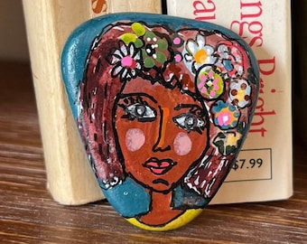 Hand-Painted Rock Art: African American Woman with Flowers (1.5 Inch)