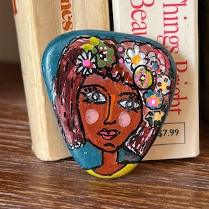 Female Portrait Art, African American Lady with flowers in her hair,&quot;Mariama&quot;, 1.5 Inch Painted Rock