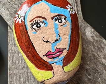 Original Portrait Art - 'Amy' - Abstract Face Painting on 3-Inch Hand-Painted Rock
