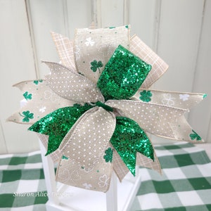 St Patrick’s Day Bow for Lanterns, Wreaths, Door Hangers, Gifts and More. Features Green Shamrock Design on Ribbon. Handmade.