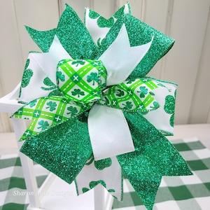 St Patrick’s Day Bow for Lanterns, Wreaths, Door Hangers, Gifts and More. Features Green Shamrock Design on Ribbon. Handmade.