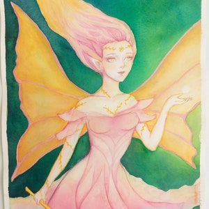 Fairy's mystery: original watercolor artwork with shiny elements