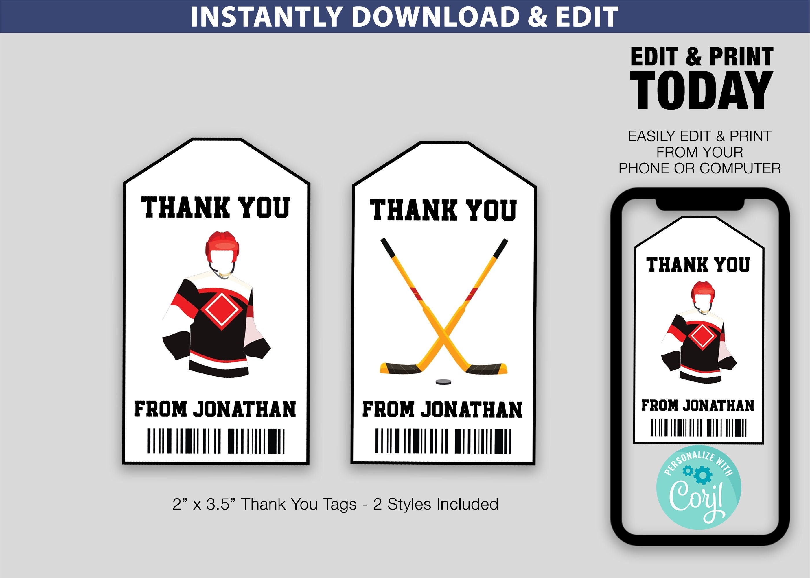Hockey Thank You Birthday Tags Printable Template Editable Etsy
