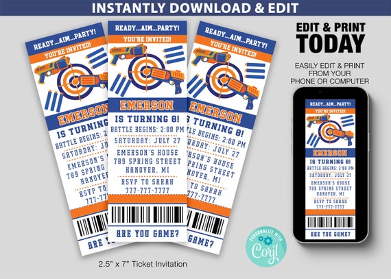 Nerf Birthday Party Invitation Printable Template Editable - Etsy Australia