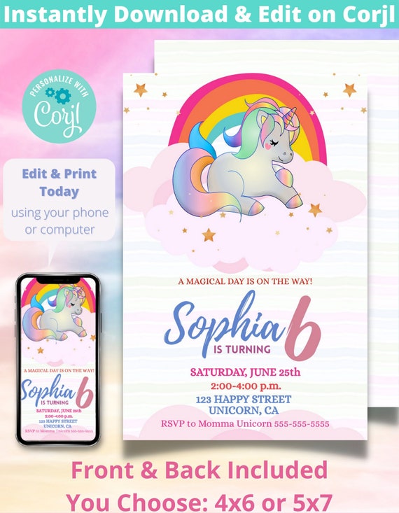 Unicorn Birthday Invitation Printable Template, Editable Birthday.