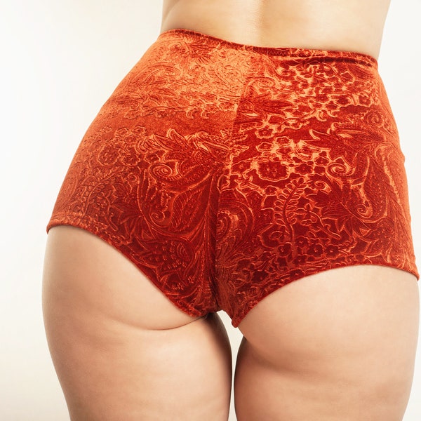 High Waisted Velvet Booty Shorts - Pole Dance, Vegan Leather and Metallic Spandex Option