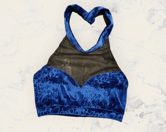 Halter top with transparent mesh fabric, sweetheart cut and tie up neck.