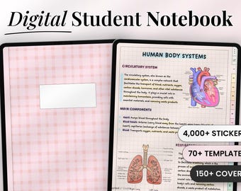 Könnte beinhalten: Ein digitales Studentennotizbuch auf einem Tablet-Bildschirm mit einem rosa karierten Einband und einer Seite mit dem Titel Human Body Systems, die Herz- und Lungen-Diagramme sowie 4.000+ Sticker, 70+ Vorlagen und 150+ Einbände zeigt.