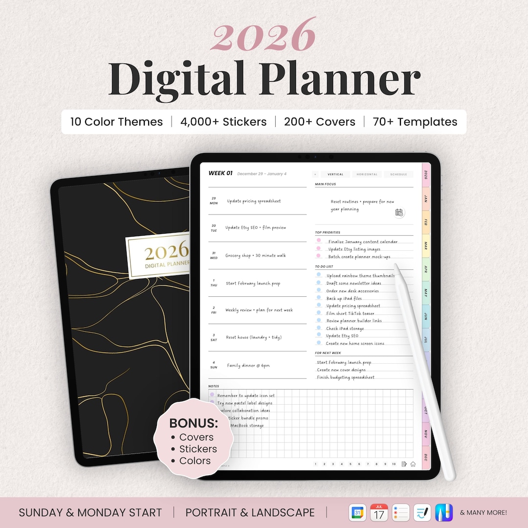 2026 All-in-one Digital Planner for iPad | Hyperlinked Daily, Weekly ...