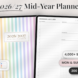 May include: A 2026/27 digital planner displayed on two screens with a pastel rainbow striped cover and a daily schedule page for Wednesday, July 1, 2026. Includes a stylus, calendar icons, and text labels for 4,000+ stickers, mon & sun start, and 200 covers.