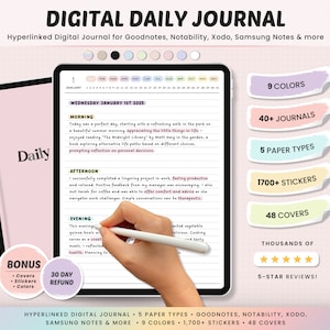 Digital Daily Journal Template for Goodnotes, Minimalist Gratitude Notebook, 365 Reflection Bullet Diary, Hyperlinked, iPad