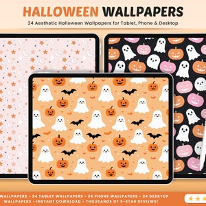 Sfondi di Halloween per iPad, iPhone e desktop, sfondo estetico spettrale, schermata di blocco del tablet con fantasma carino, schermata iniziale del computer 4K