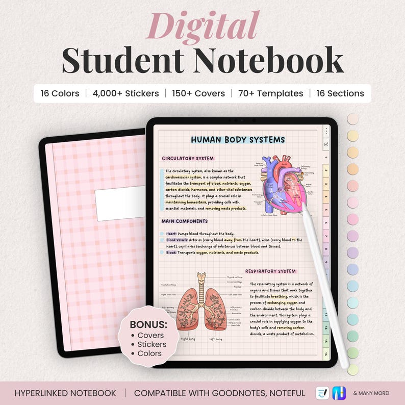 Digital Student Notebook Template for iPad Note Taking | Study Notes, Stickers & Covers | Goodnotes Digital Download image 1