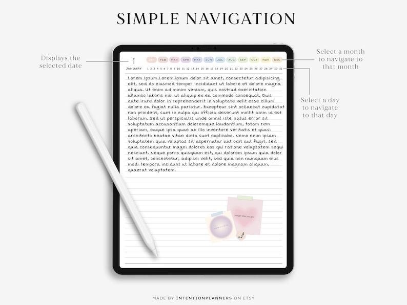 A mockup of a filled-out page shows neat handwriting, colorful highlights, and icons, emphasizing the journal's user-friendly layout.