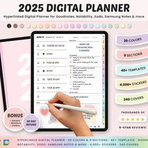 Planificador digital todo en uno 2025, plantilla Goodnotes, diario, semanal, mensual, con hipervínculos, vertical, con fecha, para tableta, iPad, Notability