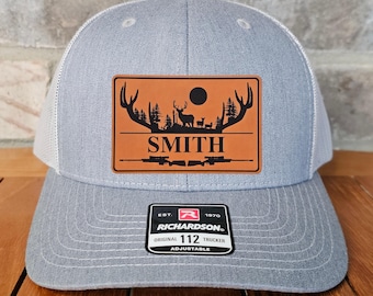 Personalized Deer Hunter Leather Patch Trucker Hat, Richardson 112, Deer Hunter Cap, Dad Gift ,Husband Gift, Sportsman Gift, Laser Engraved