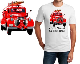 Personalized T-Shirt Antique Fire Engine Truck Design, Fire Shirt, Custom Shirt, Custom Name, Dad Gift, Fireman Gift, Unisex Women Tee