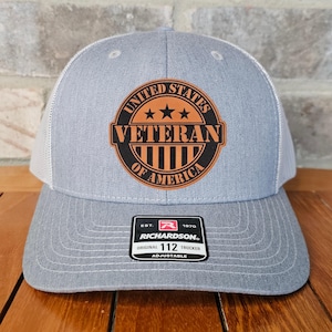 Veteran Leather Patch Trucker Hat, Richardson 112, US Veterans Hat, Military Gift, Dad Gift, Army, Navy,  Air Force, Marines, Laser Engraved