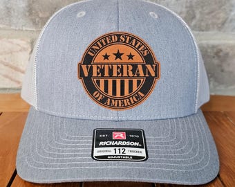 Veteran Leather Patch Trucker Hat, Richardson 112, US Veterans Hat, Military Gift, Dad Gift, Army, Navy,  Air Force, Marines, Laser Engraved