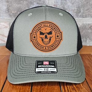 Veteran Leather Patch Trucker Hat, Against All Enemies Skull, Richardson 112, US Army Hat, Military Gift, Dad Gift, Army Cap, Laser Engraved