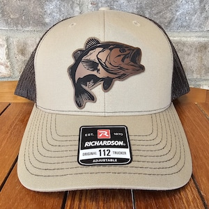 Largemouth Bass Leather Patch Trucker Hat, Fishing Hat Design, Richardson 112, Funny Dad Gift Husband Gift, Sportsman Gift, Laser Engraved