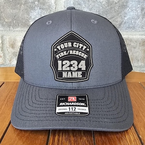 Firefighter Shield Leather Patch Trucker Hat, Richardson 112, Helmet Shield, Fireman Hat, Dad Husband Gift, Station Gift, Laser Engraved